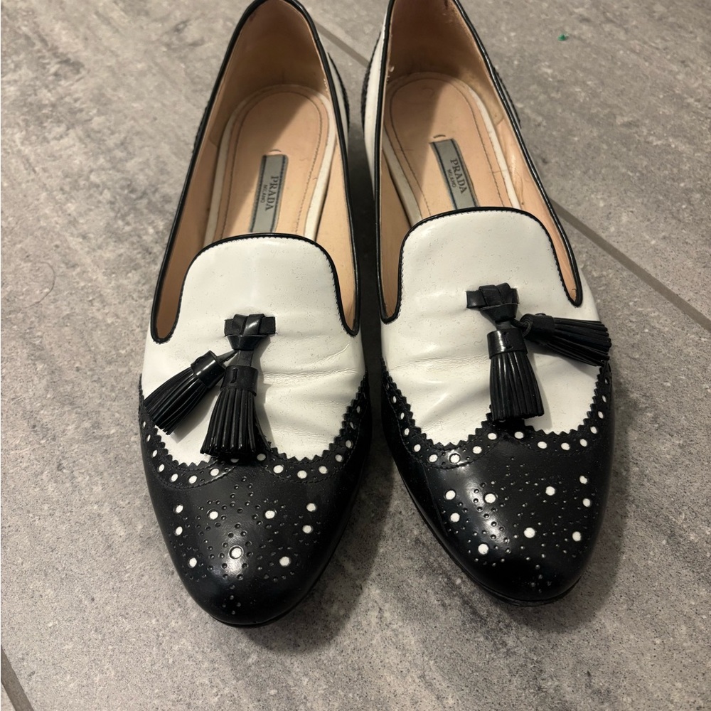 Prada Women's Black and White Loafers